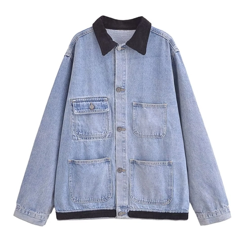 Dames Retro Corduroy Splicing Denim Jas Lange Mouwen Werkkleding Jeansjas Met Grote Zakken Vintage Casual Bovenkleding Blauw