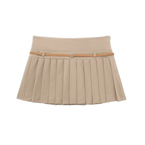 Women's High Waist Pleated Mini Skirt With Belt Solid Color Polyester Preppy Style Streetwear Sexy Slimming Short Skirt
