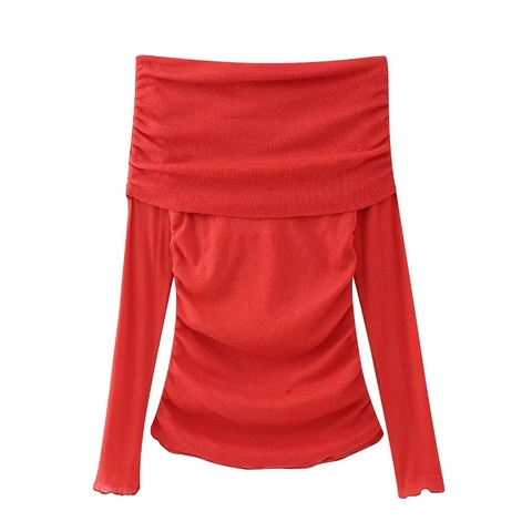 Maglietta da Donna con Spalle Scoperte e Increspature Slim Fit Manica Lunga Tinta Unita Elegante Top in Maglia di Poliestere