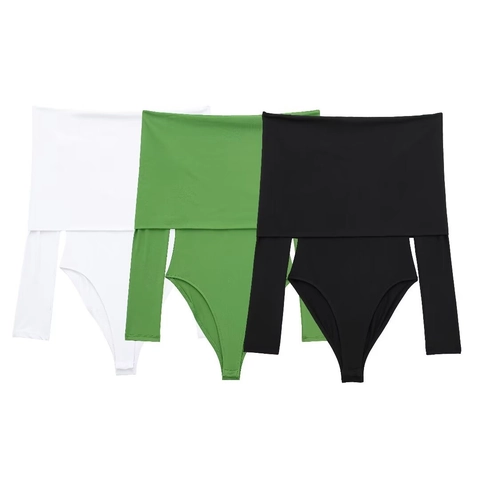 Body de Manga Larga con Hombros Descubiertos para Mujer Color Sólido Sexy Streetwear de Punto de Poliéster Ajustado