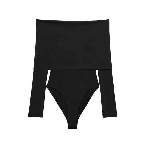Body de Manga Larga con Hombros Descubiertos para Mujer Color Sólido Sexy Streetwear de Punto de Poliéster Ajustado