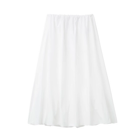Women Casual Solid White Pleated Midi Skirt Elastic High Waist A-Line Umbrella Skirt Lightweight Streetwear Summer Bottoms