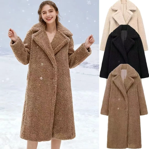 Dames Lange Teddybeer Jas Dikke Warme Imitatiebont Lamswol Jas Oversized Double Breasted Revers Winterjas Bovenkleding