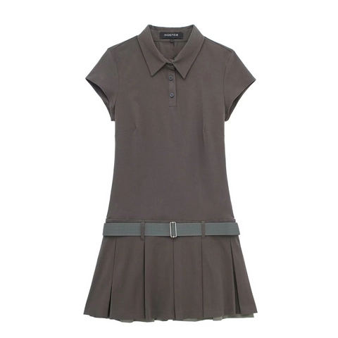 Vestido Corto Plisado de Manga Corta con Cuello Polo para Mujer con Cinturón Color Sólido Estilo Preppy Deportivo