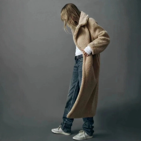 Dames Lange Teddybeer Jas Dikke Warme Imitatiebont Lamswol Jas Oversized Double Breasted Revers Winterjas Bovenkleding