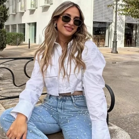 Camicia Cropped da Donna a Manica Lunga Con Tasche a Patta Blusa Utility con Colletto Polo e Bottoni Streetwear