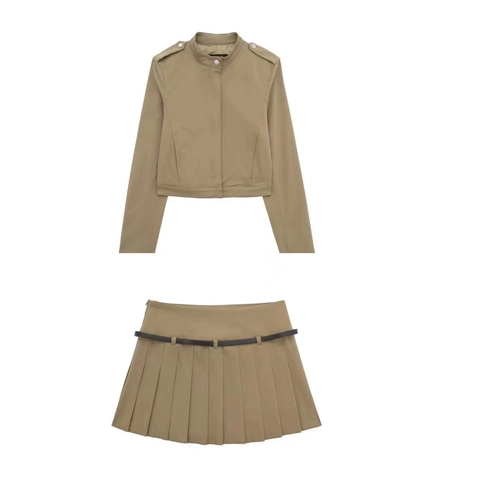 Women's Khaki Short Stand Collar Jacket And Pleated Mini Skirt Set Street Style Long Sleeve Outerwear With Belt