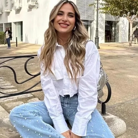 Camicia Cropped da Donna a Manica Lunga Con Tasche a Patta Blusa Utility con Colletto Polo e Bottoni Streetwear