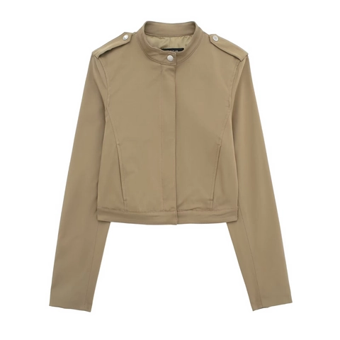 Women's Khaki Short Stand Collar Jacket And Pleated Mini Skirt Set Street Style Long Sleeve Outerwear With Belt