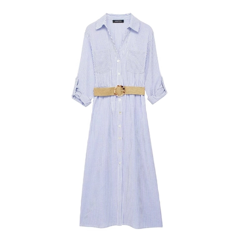 Damen Elegant Blau Gestreift Hemdkleid Mit Geflochtener Gürtel Langarm Einreihig Midi A-Linien-Kleid Für Büro