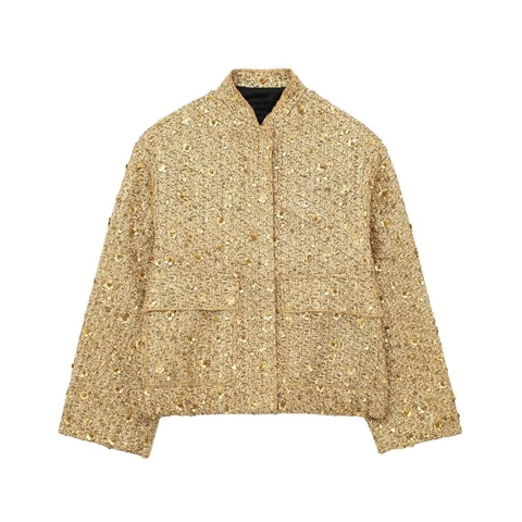 Dames Elegante Pailletten Tweed Jas Glimmend Lange Mouw Bovenkleding Opstaande Kraag Fonkelend Sociale Feest Straat Mode Mantel