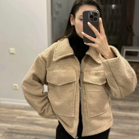 Women Casual Short Zip Up Jacket Woolen Look Polyester Long Sleeve Pocket Coat Streetwear Outerwear For Autumn Winter