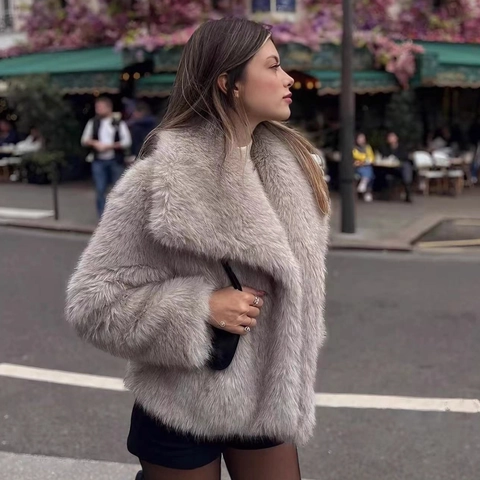 Women Thick Warm Faux Fur Coat Oversized Lapel Long Sleeve Leopard Print Solid Color Jacket Elegant Winter Outerwear