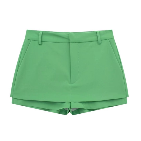 Women High Waist Overlap Front Skorts Fashion Solid Color Green Polyester Skort Shorts Casual Streetwear Mini Skirts