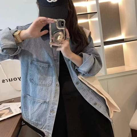 Dames Retro Corduroy Splicing Denim Jas Lange Mouwen Werkkleding Jeansjas Met Grote Zakken Vintage Casual Bovenkleding Blauw