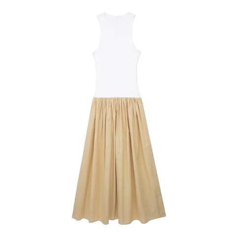 Damen Ärmellos Stitching Kleid Baumwollmischung Rundhals Hohe Taille Gefaltet A-Linie Maxi Kleid Für Sommer Casual Elegant