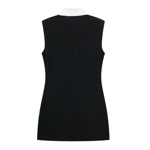 Vestido Mini Sin Mangas para Mujer Bloque de Color Cuello Polo Abotonadura Sencilla Vestido Corto Ceñido Ribete en Contraste