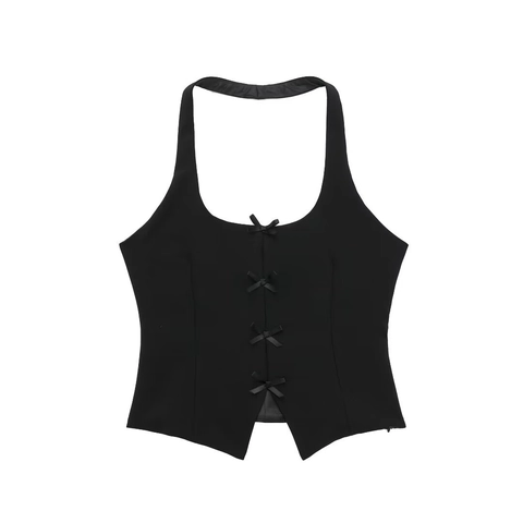 Damen Schleife Neckholder Top Slim Fit Ärmellos Rückenfrei Weste Waistcoat Grau Schwarz Kurz Shirt Mode Streetwear