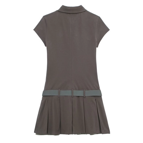 Vestido Corto Plisado de Manga Corta con Cuello Polo para Mujer con Cinturón Color Sólido Estilo Preppy Deportivo