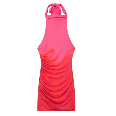 Sexy Abito Mini in Maglia Ombré Increspato Scollo Americana per Donna Rosa Rosso Sfumato Aderente Senza Maniche Party Clubwear Schiena Scoperta