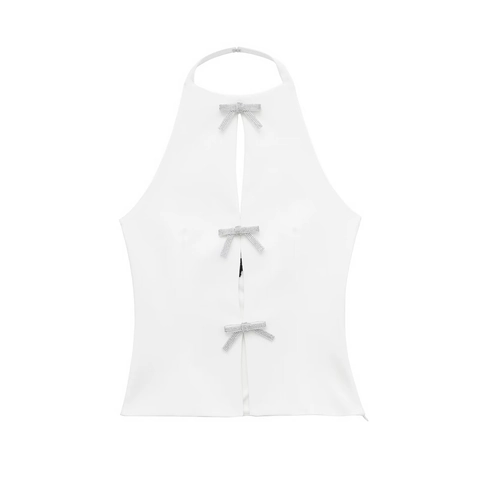 Women Sexy Halter Neck Crop Top Rhinestone Bow Keyhole Sleeveless Slim Fit Tank Top For Summer Party Clubwear