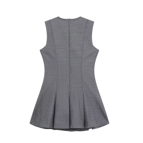Vestido Mini Skater Elegante Sin Mangas para Mujer Plisado Cuello Redondo Cremallera Trasera Cintura Alta Color Sólido Gris Moda