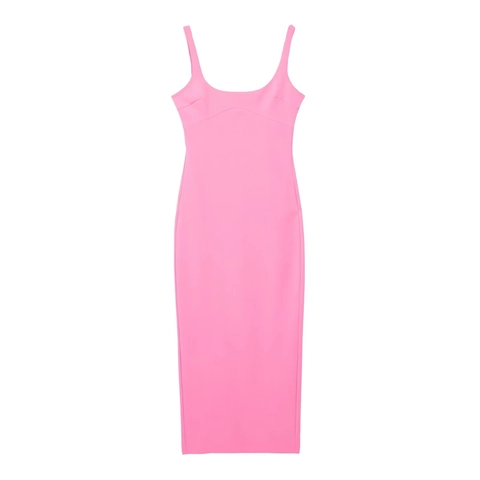 Women Summer Sexy Slim Fit Midi Sling Dress Solid Color U-Neck Bodycon Backless Zipper Slit Sleeveless Polyester Party Dress