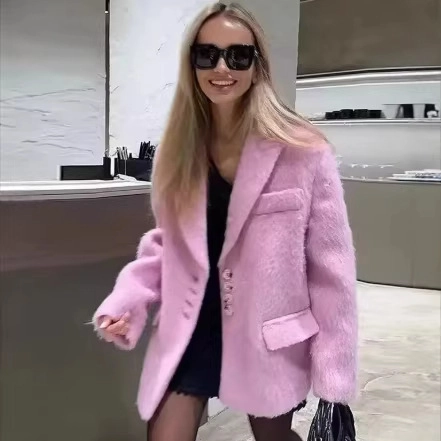 Giacca Blazer da Donna Casual in Ecopelliccia Collo a Revers Monopetto Manica Lunga Tinta Unita Caldo Morbido Capispalla