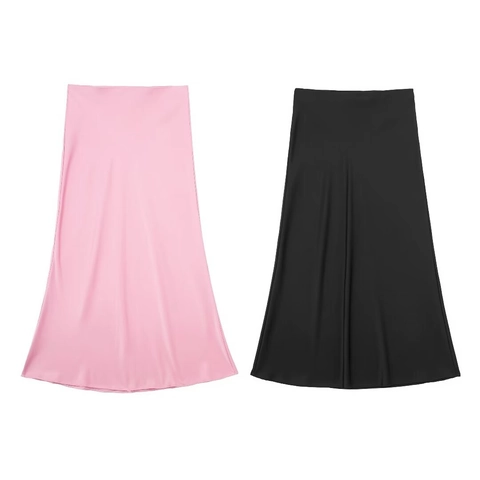 Gonna Midi in Raso a Vita Alta Elegante da Donna Casual Tinta Unita Linea A Drappeggiata Plissettata per Matrimonio Ufficio