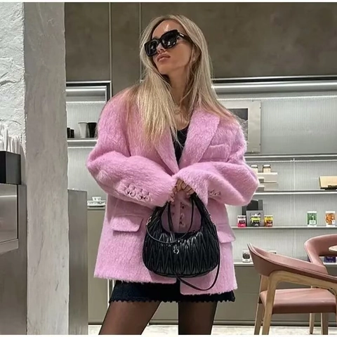 Giacca Blazer da Donna Casual in Ecopelliccia Collo a Revers Monopetto Manica Lunga Tinta Unita Caldo Morbido Capispalla