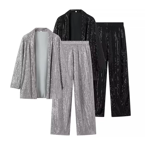 Giacca Blazer con Paillettes da Donna e Completo di Pantaloni a Gamba Larga Abiti Luccicanti per Feste Matrimoni Banchetti Eleganti