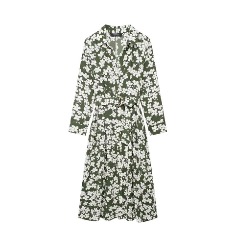 Damen Elegant Floral Drucken Langarm Hemdkleid Midi Mit Gürtel Dunkelgrün Vintage Knöpfe A-Linie Chiffonkleid