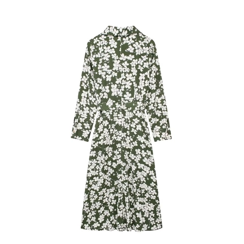 Damen Elegant Floral Drucken Langarm Hemdkleid Midi Mit Gürtel Dunkelgrün Vintage Knöpfe A-Linie Chiffonkleid