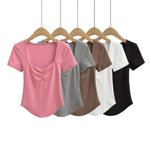 Women Sexy Ruched Square Neck Short Sleeve T-Shirt Slim Fit Ribbed Knit Cropped Summer Top Solid Color Streetwear