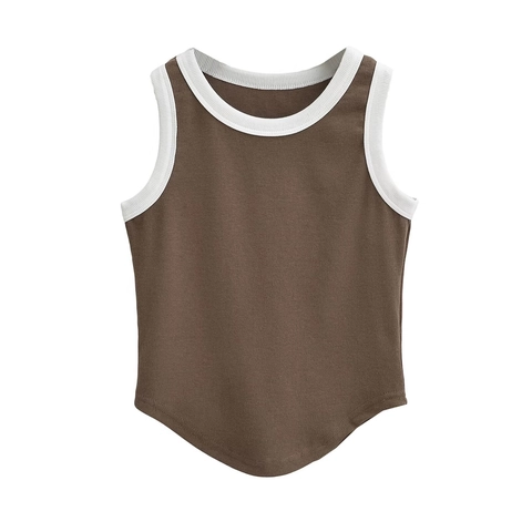 Dames Casual Ribgebreide Tanktop Contrastbies Gebogen Zoom Mouwloos Sexy Streetwear Zomer Crop Top Mode Vest