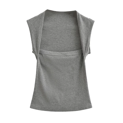 Débardeur Femme Ajusté Col Carré Tricot Côtelé Look Superposé Haute Élasticité Été Décontracté Court Streetwear Gilet Sans Manches