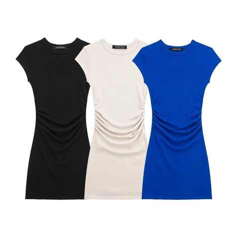 Vestito Mini da Donna Estivo Increspato Laterale in Maglia a Costine Vestibilità Aderente Girocollo Manica Corta Casual Bodycon