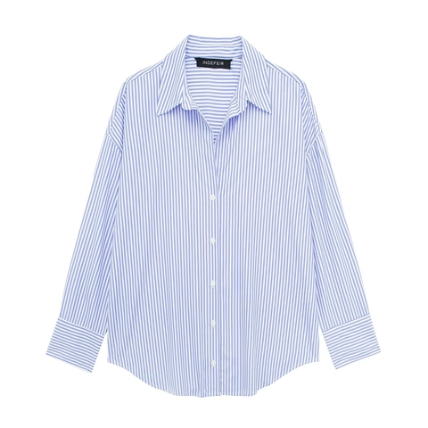 Women's Long Sleeve Blue And White Striped Shirt Elegant Button Down Polo Collar Blouse Casual Commute Versatile Top
