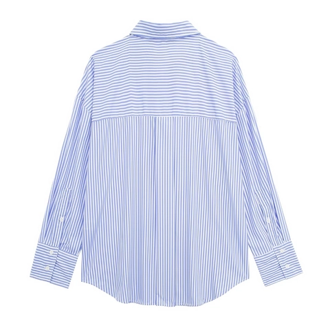 Women's Long Sleeve Blue And White Striped Shirt Elegant Button Down Polo Collar Blouse Casual Commute Versatile Top