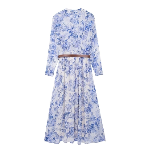 Women's Elegant Floral Print Midi Dress With Belt Long Sleeve V Neck Ruffle Polyester A-Line Dress For Summer Vacation Daily
