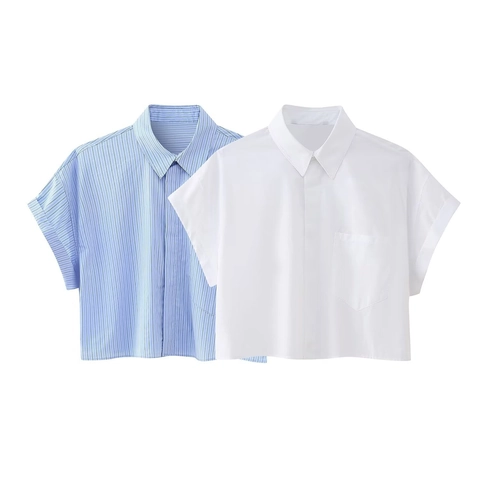 Dames Casual Korte Mouw Popeline Cropped Shirt Elegant Omslagkraag Knoopsluiting Blouse Top Voor Zomer Dagelijkse Mode
