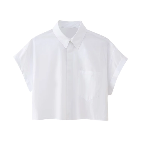 Dames Casual Korte Mouw Popeline Cropped Shirt Elegant Omslagkraag Knoopsluiting Blouse Top Voor Zomer Dagelijkse Mode