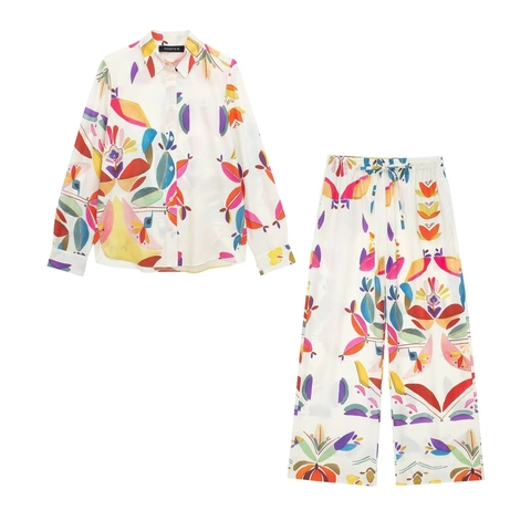 Women Floral Print Long Sleeve Shirt And Wide Leg Pants Outfit Elegant Casual Summer Apparel Bohemian Multi-Color Design