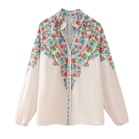 Camicia da Donna Elegante con Stampa Floreale a Maniche Lunghe con Bottoni in Poliestere Blusa Casual Top da Ufficio Primavera Estate