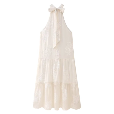 Vestito Lungo Donna Elegante Allacciatura al Collo Jacquard Ricamo Floreale 3D Vestito a Balze Linea A Senza Maniche Festa
