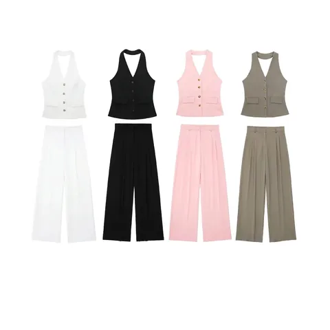 Women Halter Neck Backless Vest And Wide Leg Pants Two Piece Set Business Casual Office Summer Outfits Solid Color Suits