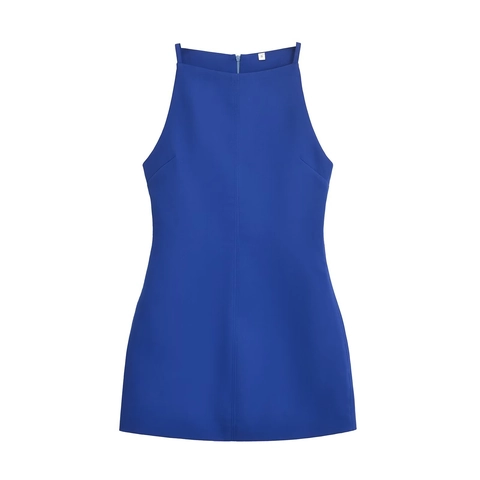 Dames Koningsblauw Mouwloze Halter Mini-Jurk Elegant Polyester A-Lijn Ritssluiting Achterzijde Korte Tankjurk Zomerfeest