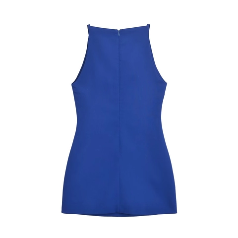 Dames Koningsblauw Mouwloze Halter Mini-Jurk Elegant Polyester A-Lijn Ritssluiting Achterzijde Korte Tankjurk Zomerfeest
