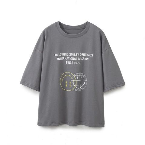 Camiseta de Manga Corta con Cuello Redondo Casual para Mujer Con Estampado Gráfico de Smiley Estilo Callejero Gris