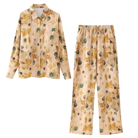 Women's Vintage Botanical Leaf Print Two Piece Set Long Sleeve Lapel Shirt And Wide Leg Pants Casual Retro Summer Outfit